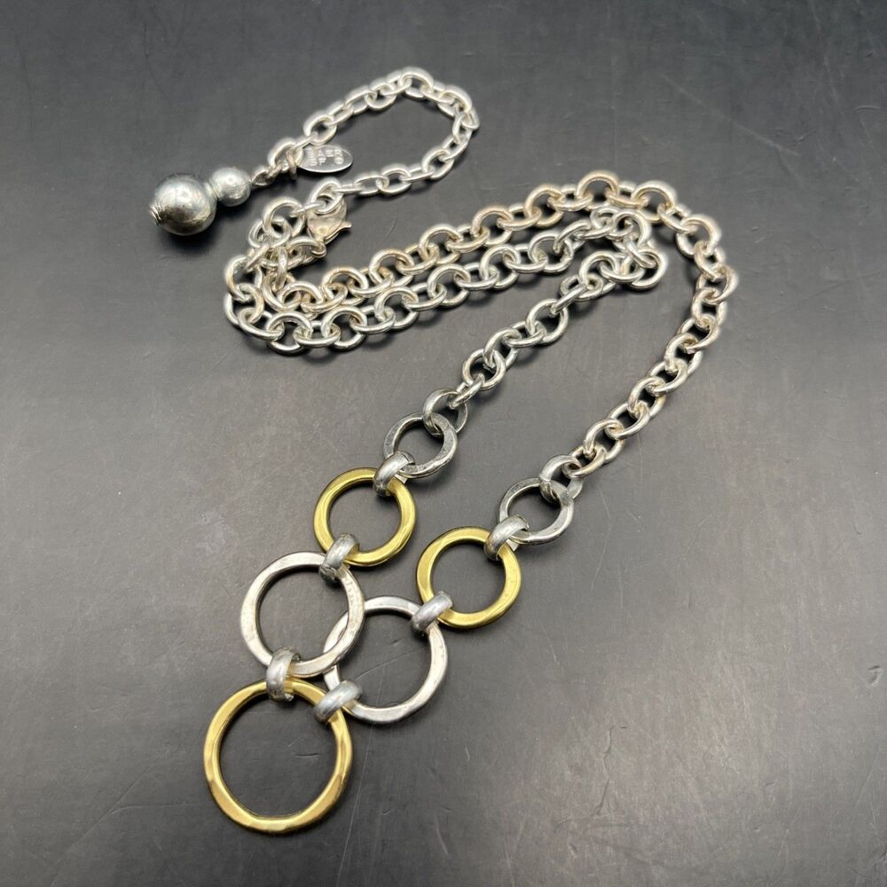 Marjorie Baer SF Link Necklace Two Tone Mixed Metal Silver Gold Hammered Link